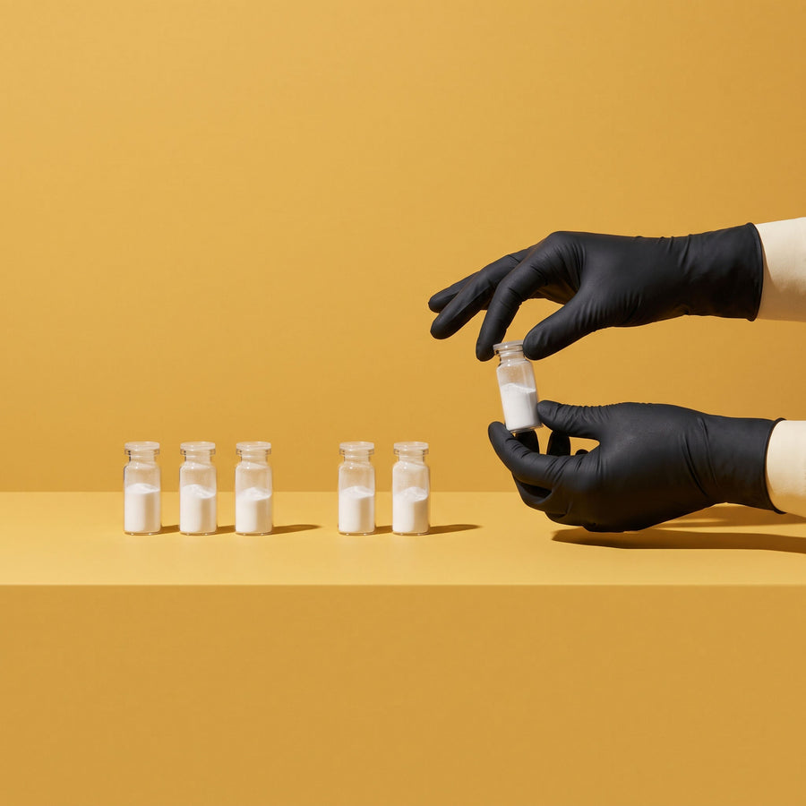 batch record 01 hero: gloved hands lifting one vial out of a row of six
