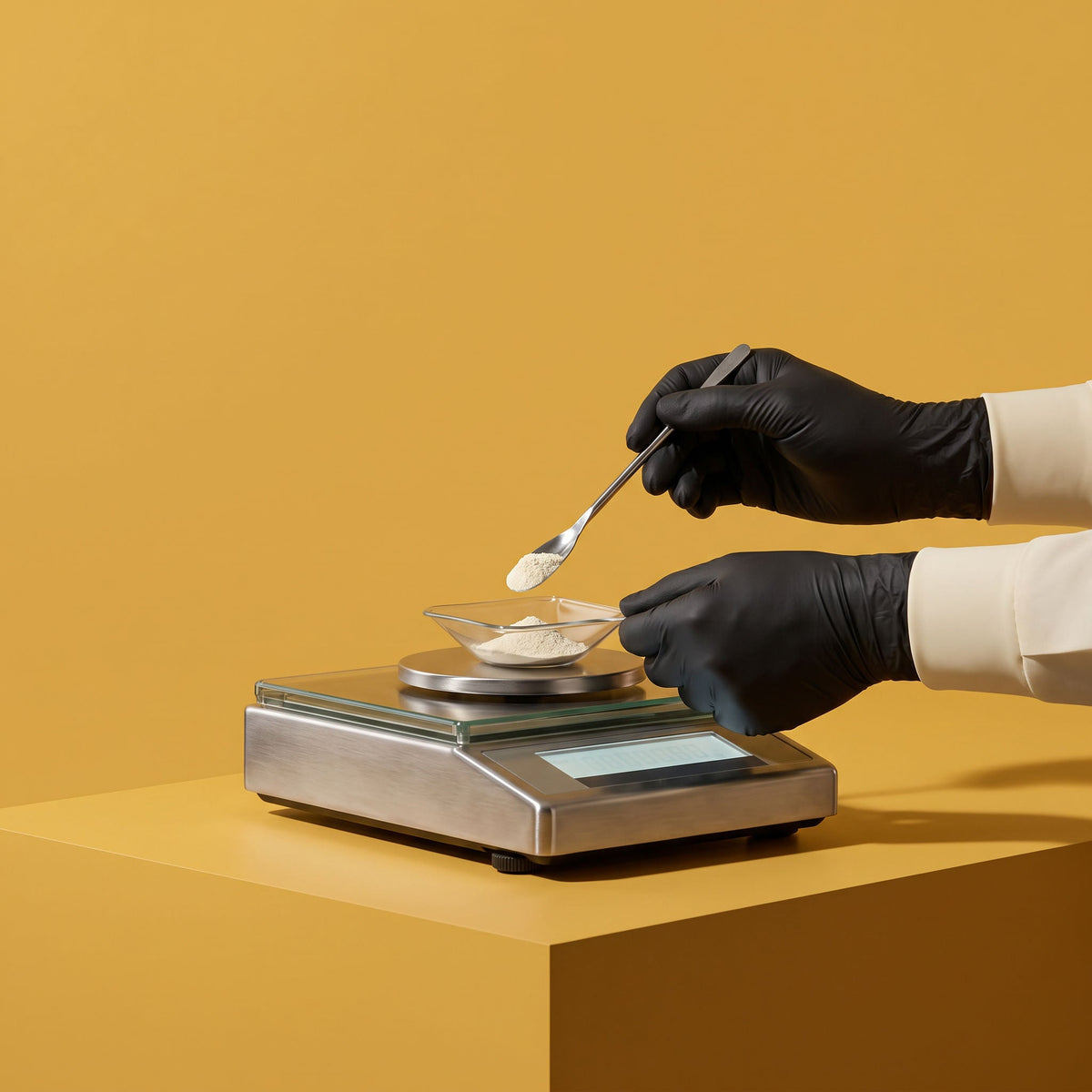 batch record 04 hero: gloved hands spatula-ing powder onto an analytical balance