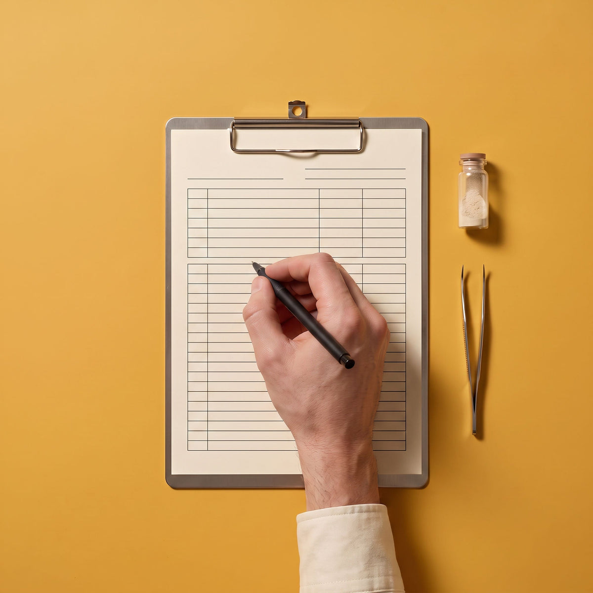 batch record 03 hero: bare hand with pen poised above a blank ruled form
