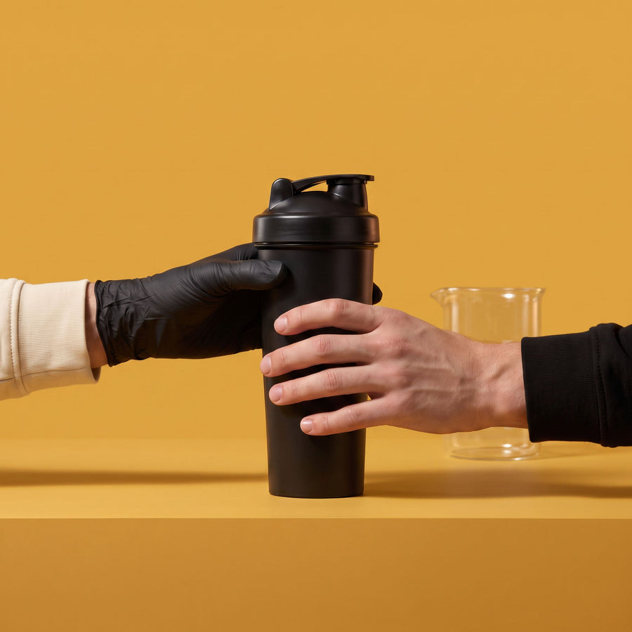 batch record 05 hero: gloved hand and bare hand on a shaker mid-handover